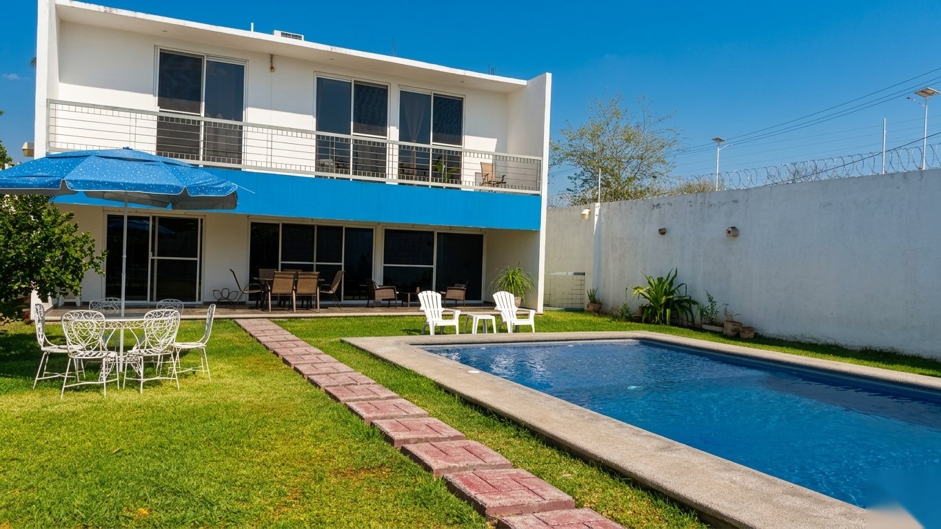 Private pool surrounded by gardens at Quinta El Capricho, Tequesquitengo vacation rental