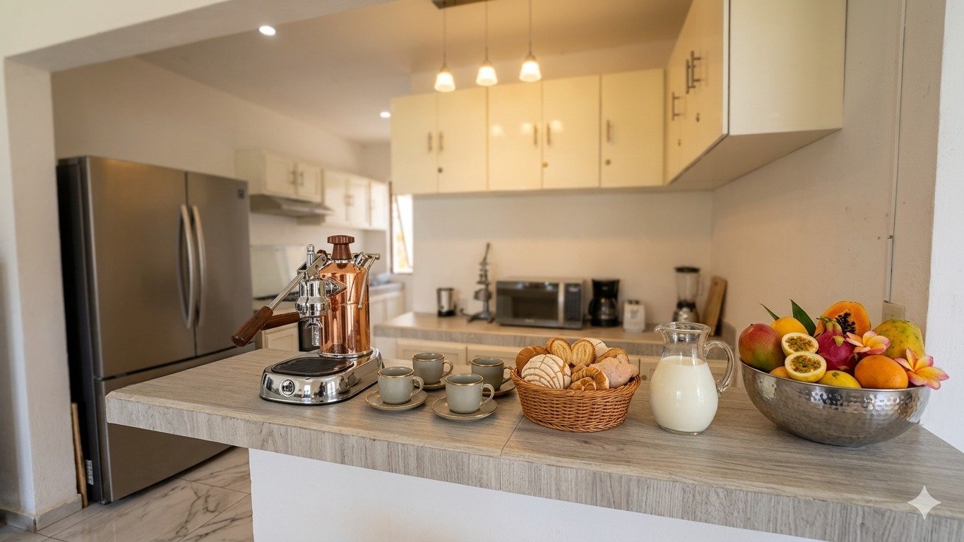 Fully equipped kitchen with espresso machine and breakfast bar at Quinta El Capricho, Tequesquitengo vacation rental