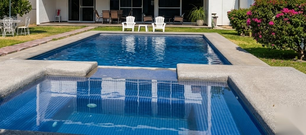 Built-in hot tub for 8 with bench seating next to the private pool at Quinta El Capricho, Tequesquitengo
