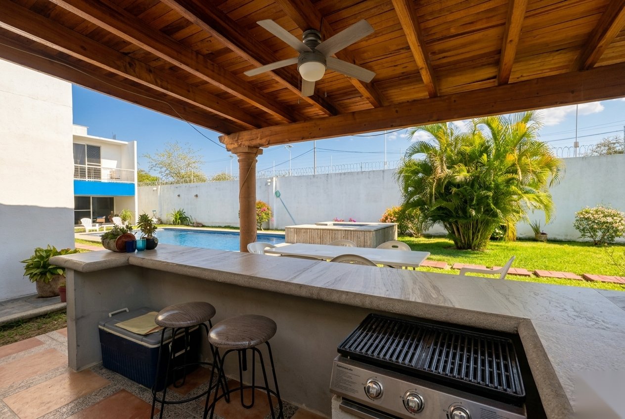 Palapa with BBQ grill and outdoor dining area at Quinta El Capricho villa, Morelos Mexico