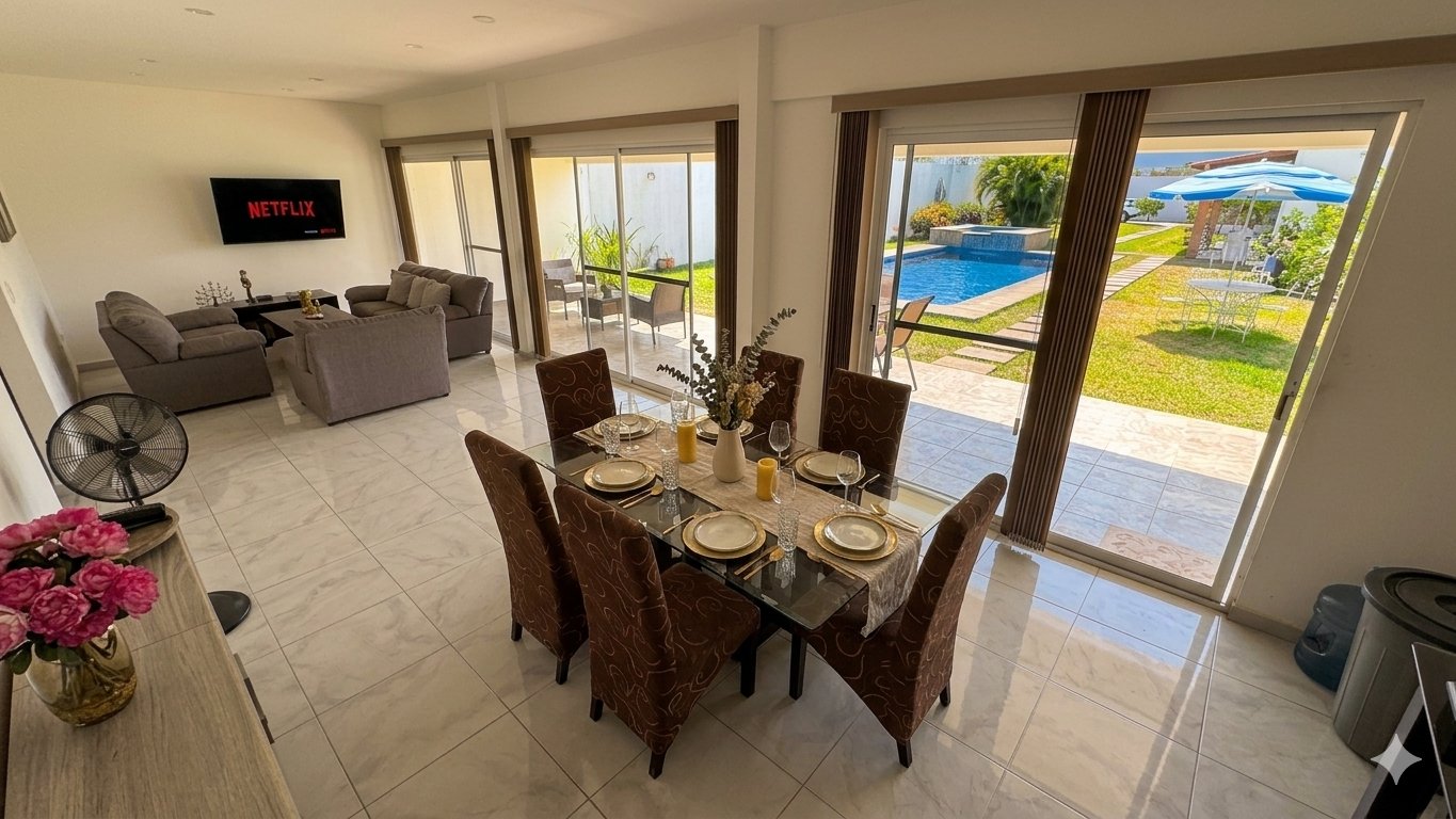 Open living and dining room with pool and garden views at Quinta El Capricho villa, Morelos Mexico