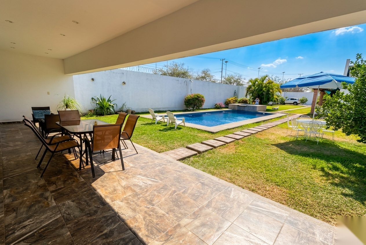 Covered outdoor dining table with garden and pool view — remote work space at Quinta El Capricho, Morelos Mexico